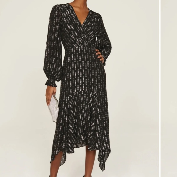 Yumi Kim NWOT SZ LGE the Lindsey Black and Silver‎ Asymmetrical Wrap midi Dress - Picture 1 of 16